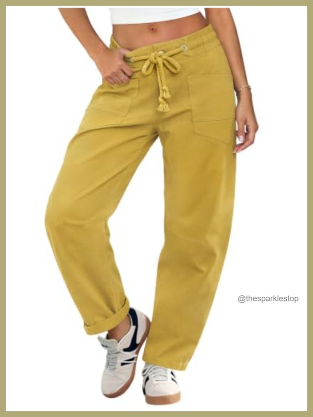 Women Low Rise Drawstring Barrel Pants Stretchy Chino Cropped Wide Leg